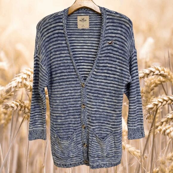 Hollister Womens sz Small denim blue white striped drop sleeve Cardigan sweater - Picture 1 of 12